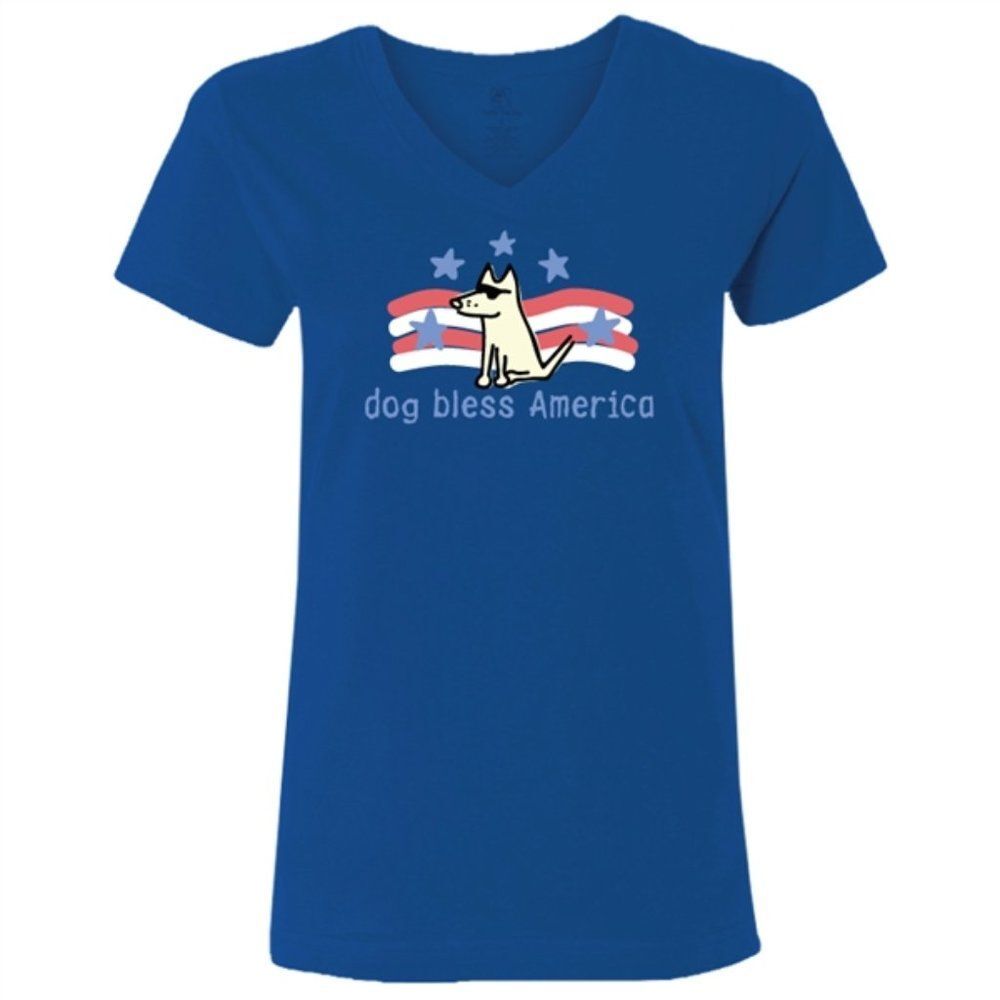 Dog Bless America Ladies SMALL V-neck Short Sleeve Cobalt Blue T-shirt NWT